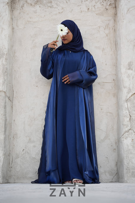 deep blue color modest stylish elegant organza abaya with inner and sheila hijab by zayn souq