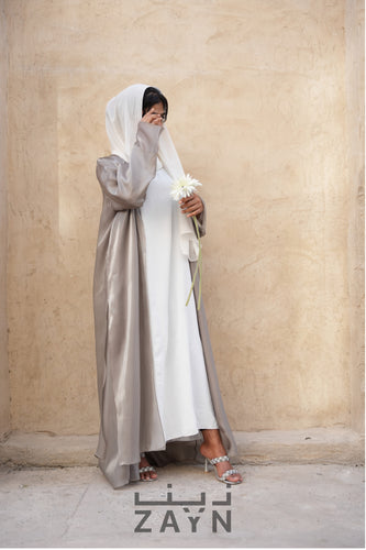 olive green and white organza modest abaya for occasionalwear with sheila hijab and under abaya inner