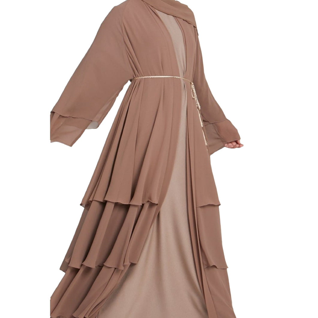 Chiffon Layered Abaya in Beige Tan